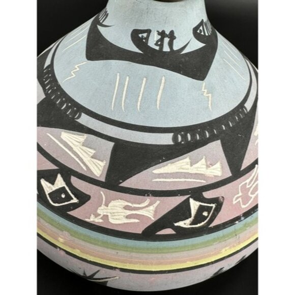 Navajo Seed Pot Vase Hand Painted Etched by Ronda Thomas Noah's Ark Story 5 x 6" - Picture 2 of 7